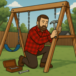 Handyman assembling a wooden swing set in a backyard for a family in La Crosse, Wisconsin.