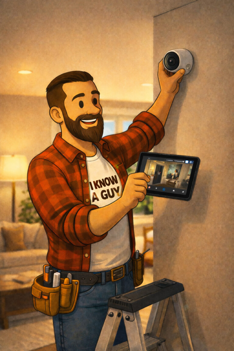 Handyman installing a home security camera with smart home setup, TV mounting, lighting, and sound system installation in Onalaska Wisconsin